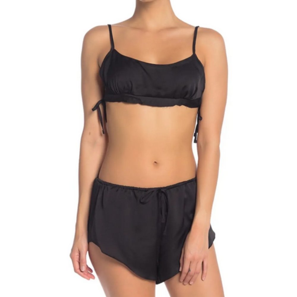 Free People Home With You Crop Top & Shorts Pajama 2-Piece Set Black NWT